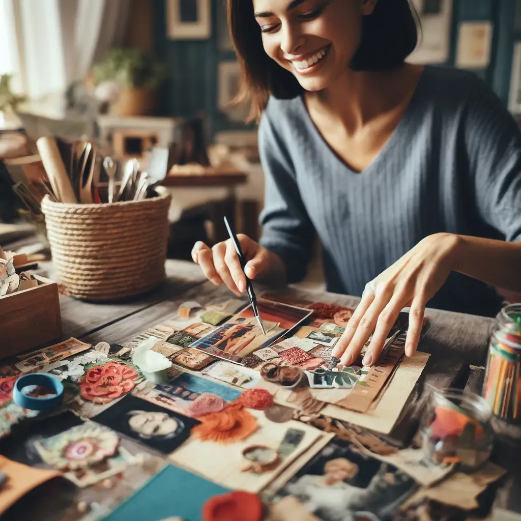DALL·E 2024-04-25 22.01.51 – An image of a person smiling while creating an artistic collage at a well-lit table, surrounded by old photos and art materials. The scene should