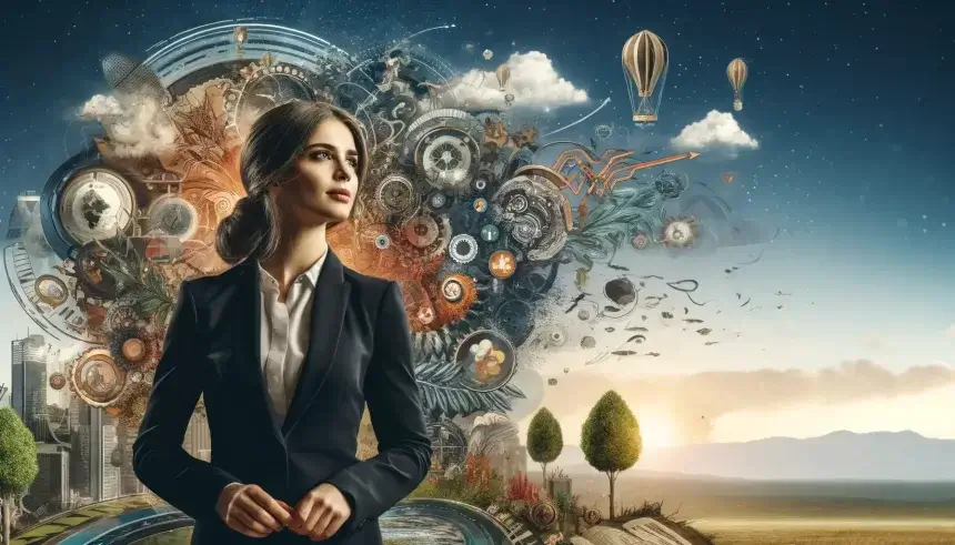 design a powerful horizontal image showing a businesswoman in an inspiring environmen